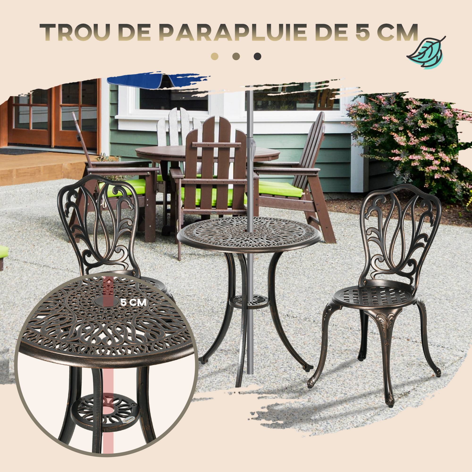 Ensemble Salon de Jardin 2 Places 2 chaises + Table Ronde style charme rétro en fonte d'aluminium, bronze - Image 7