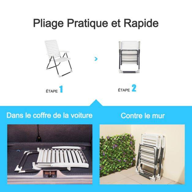 Helloshop26 - Chaise de jardin pliante en pp avec dossier réglable à 7 niveaux fauteuil d’extérieur avec cadre métal pour plage piscine blanc - Image 4