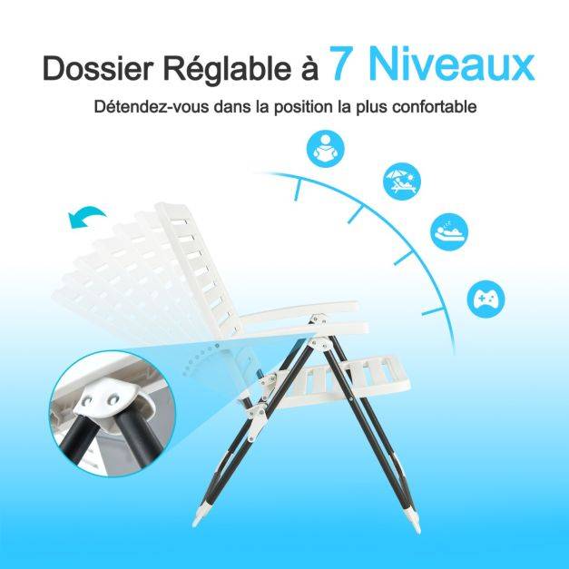 Helloshop26 - Chaise de jardin pliante en pp avec dossier réglable à 7 niveaux fauteuil d’extérieur avec cadre métal pour plage piscine blanc - Image 3