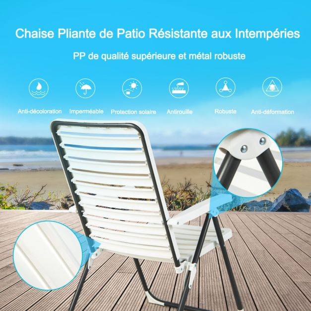 Helloshop26 - Chaise de jardin pliante en pp avec dossier réglable à 7 niveaux fauteuil d’extérieur avec cadre métal pour plage piscine blanc - Image 5