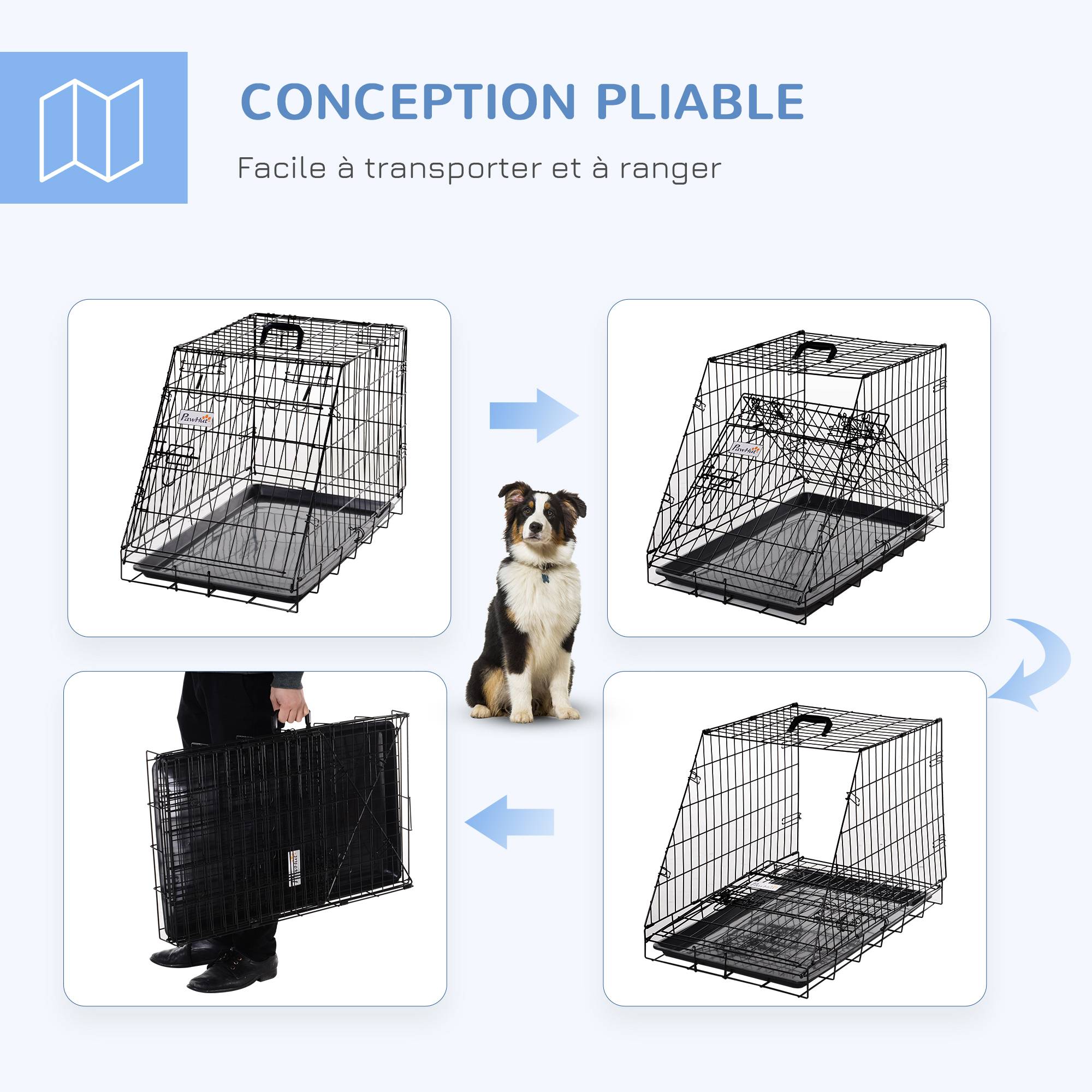 Cage transport pour chien métal forme trapèze voiture pliable double loquet 77cm noir - ComfortXL Outdoor Living - Image 6