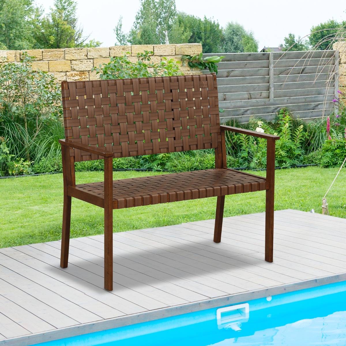 Banc de Terrasse 2 Places Causeuse d'Extérieur Toutes Saisons Cadre en Bois d'Hévéa Massif pour Cour Jardin Bord de Piscine Naturel-JU3197 - Image 2