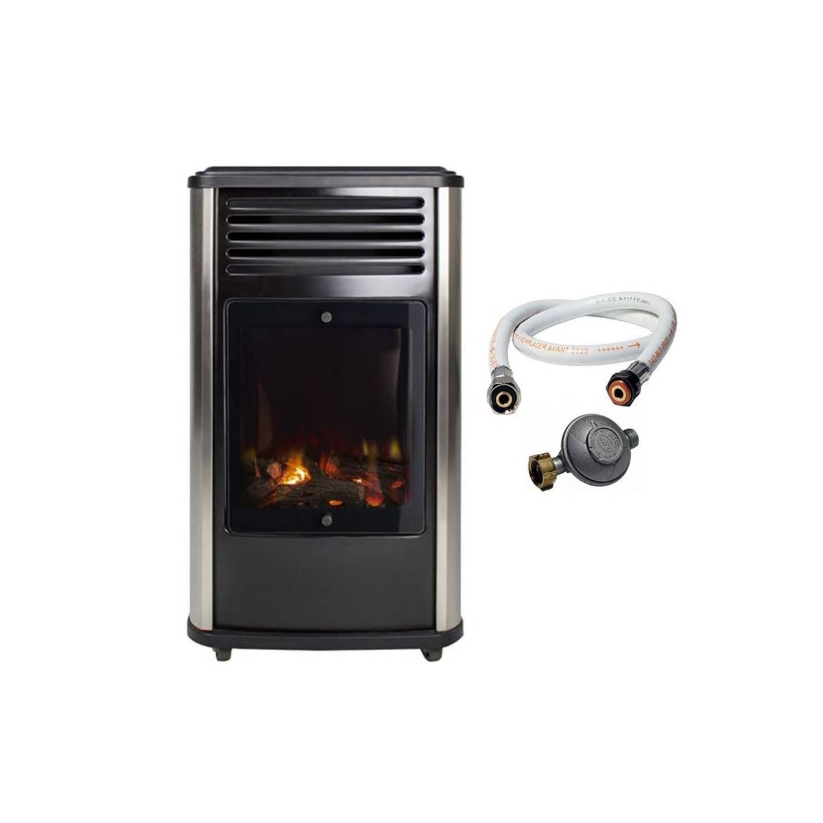 Chauffage à gaz 3.4 KW mobile Noir Effet feu + Tuyau gaz + Détendeur butane Manhattan SAHARA - Image 1