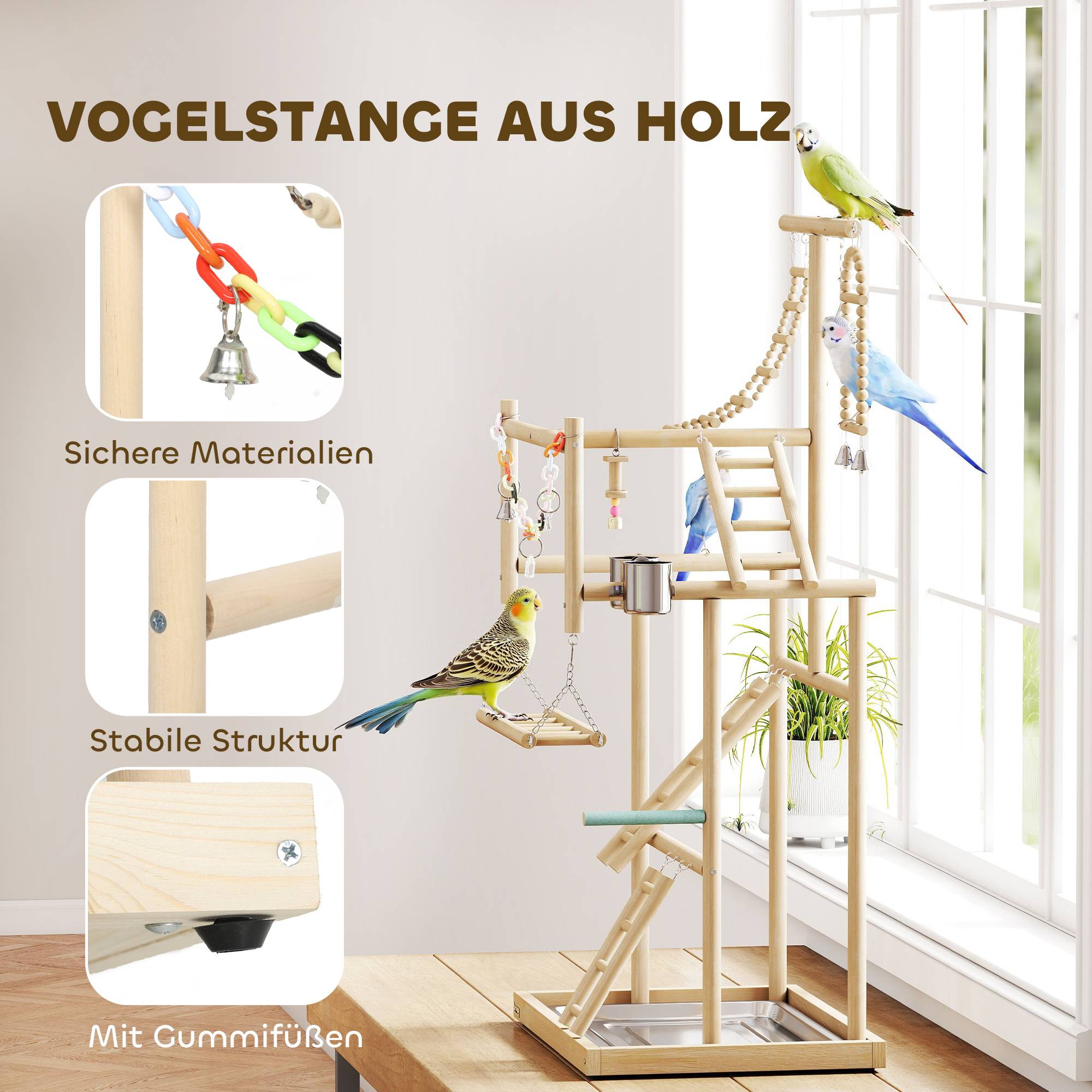 ComfortXL - Aire de jeux pour oiseaux bois naturel 4 niveaux avec plateau inox accessoires pour perruches et perroquets - Image 4