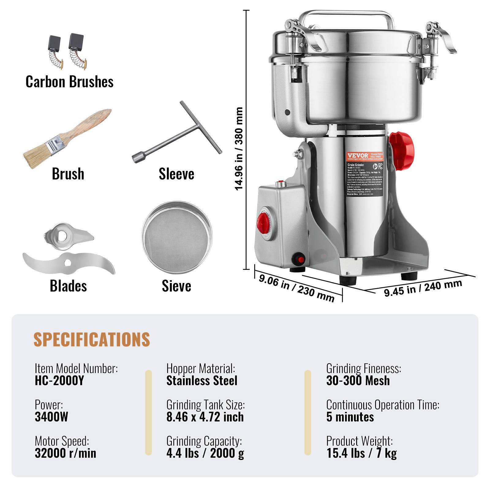 VEVOR Moulin à épices électrique 2000g 3400W, inox, type oscillant, céréales, épices, herbes. - Image 7