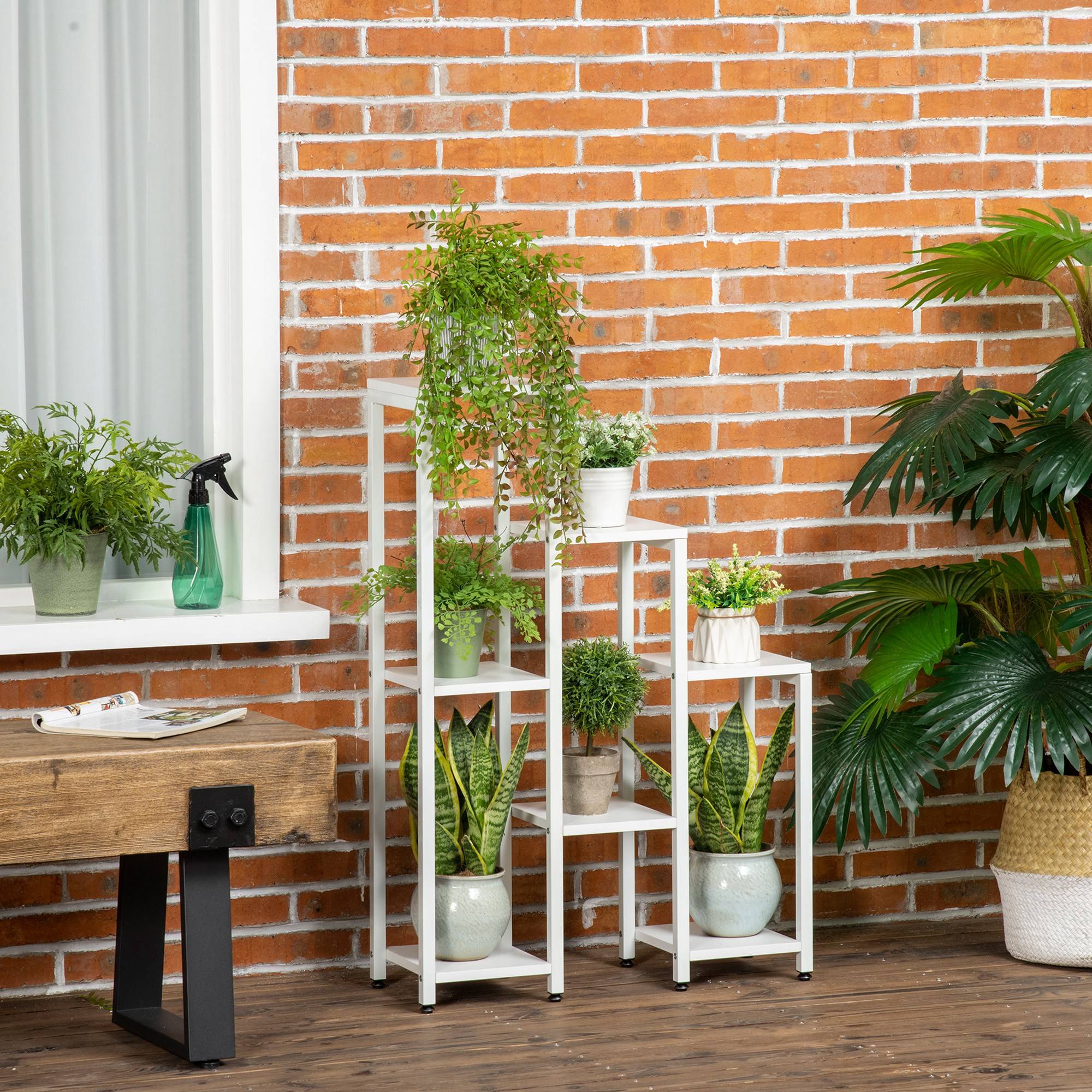 Support à fleurs Outsunny 7 niveaux intérieur extérieur acier blanc 65 x 23 x 94,5 cm étagère plantes jardin - Image 4