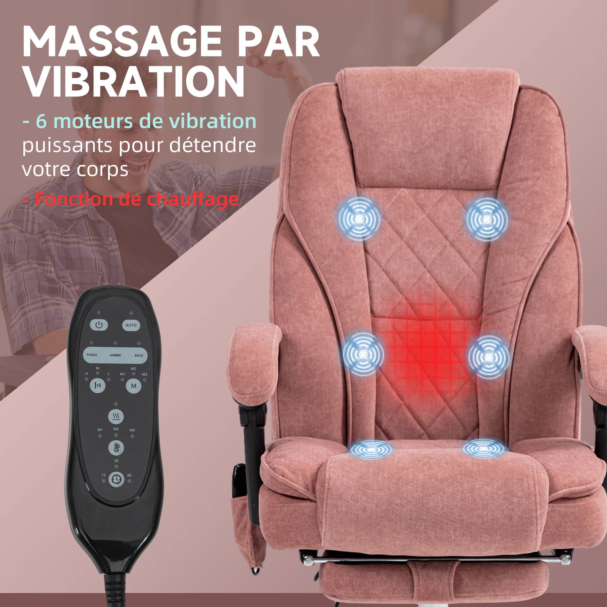 Sans Marque - Fauteuil de bureau massant et chauffant hauteur réglable dossier inclinable télécommande repose-pieds rétractable rose - Image 6