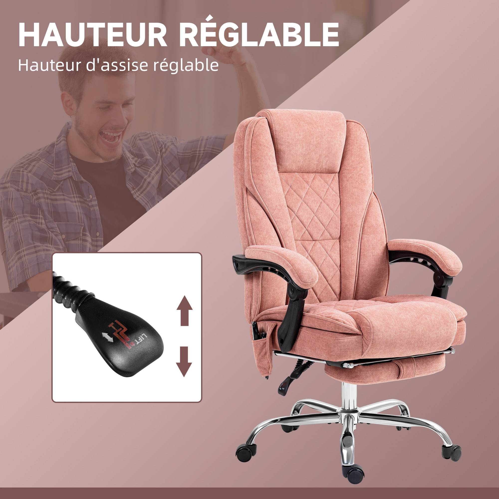 Sans Marque - Fauteuil de bureau massant et chauffant hauteur réglable dossier inclinable télécommande repose-pieds rétractable rose - Image 7
