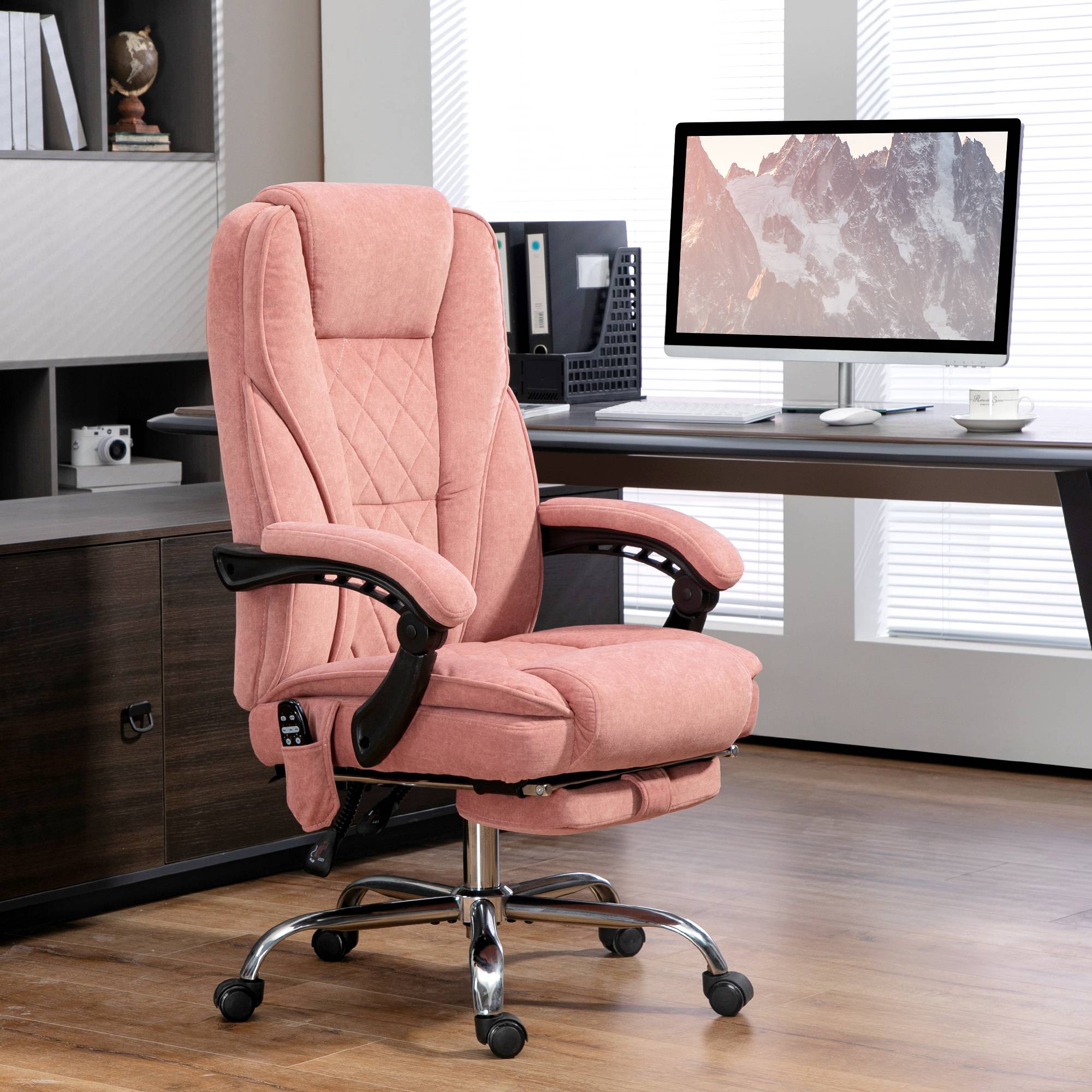 Sans Marque - Fauteuil de bureau massant et chauffant hauteur réglable dossier inclinable télécommande repose-pieds rétractable rose - Image 3