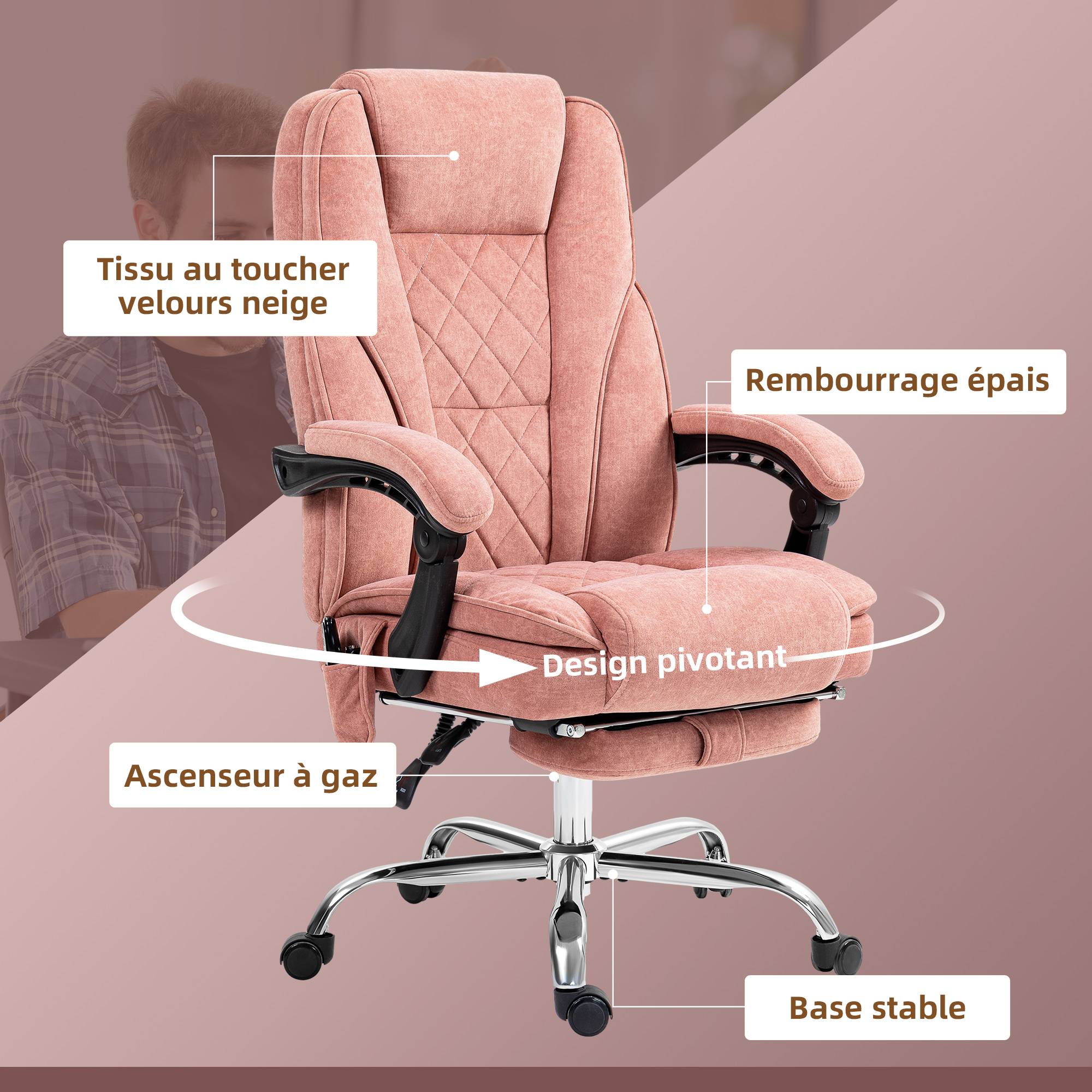 Sans Marque - Fauteuil de bureau massant et chauffant hauteur réglable dossier inclinable télécommande repose-pieds rétractable rose - Image 9