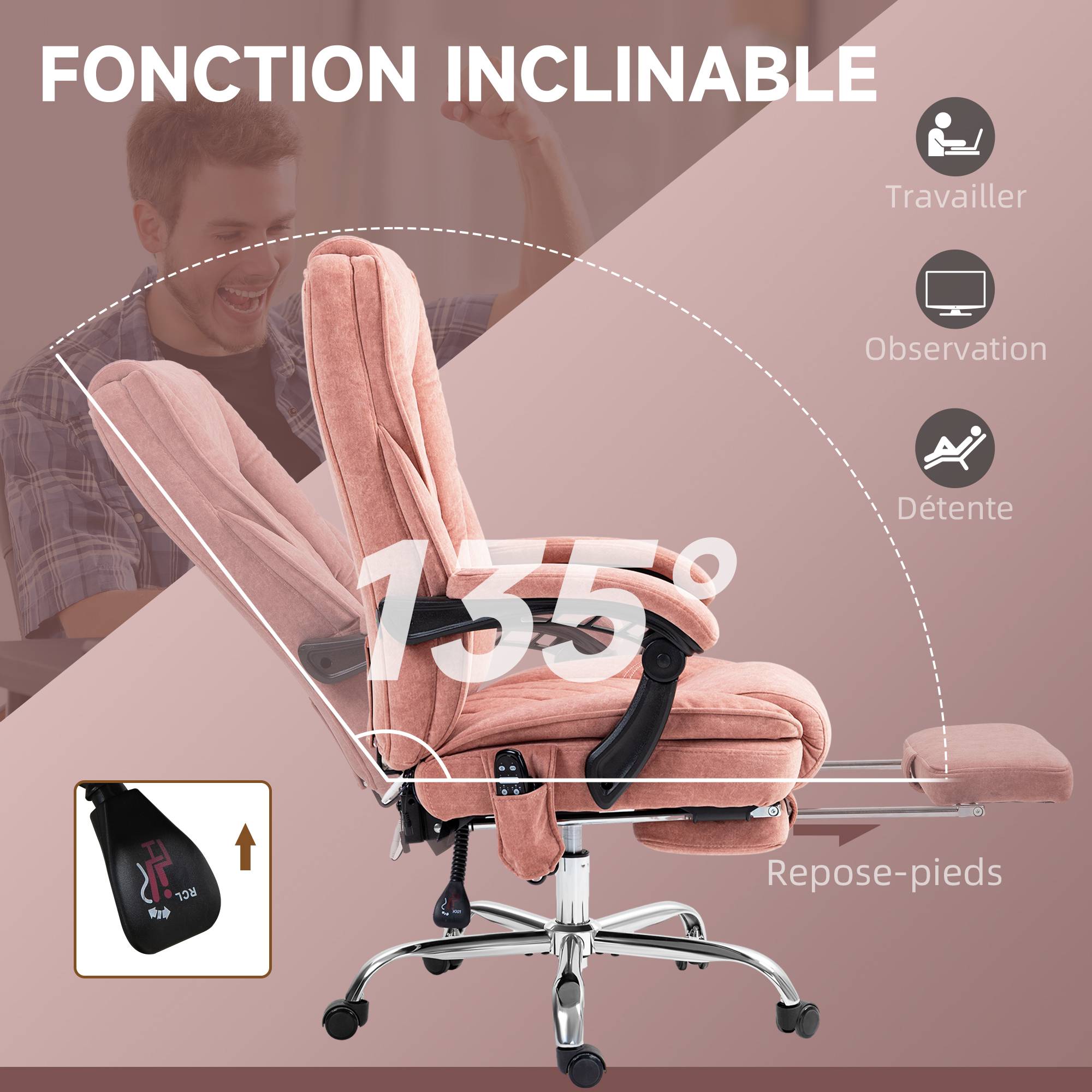 Sans Marque - Fauteuil de bureau massant et chauffant hauteur réglable dossier inclinable télécommande repose-pieds rétractable rose - Image 8