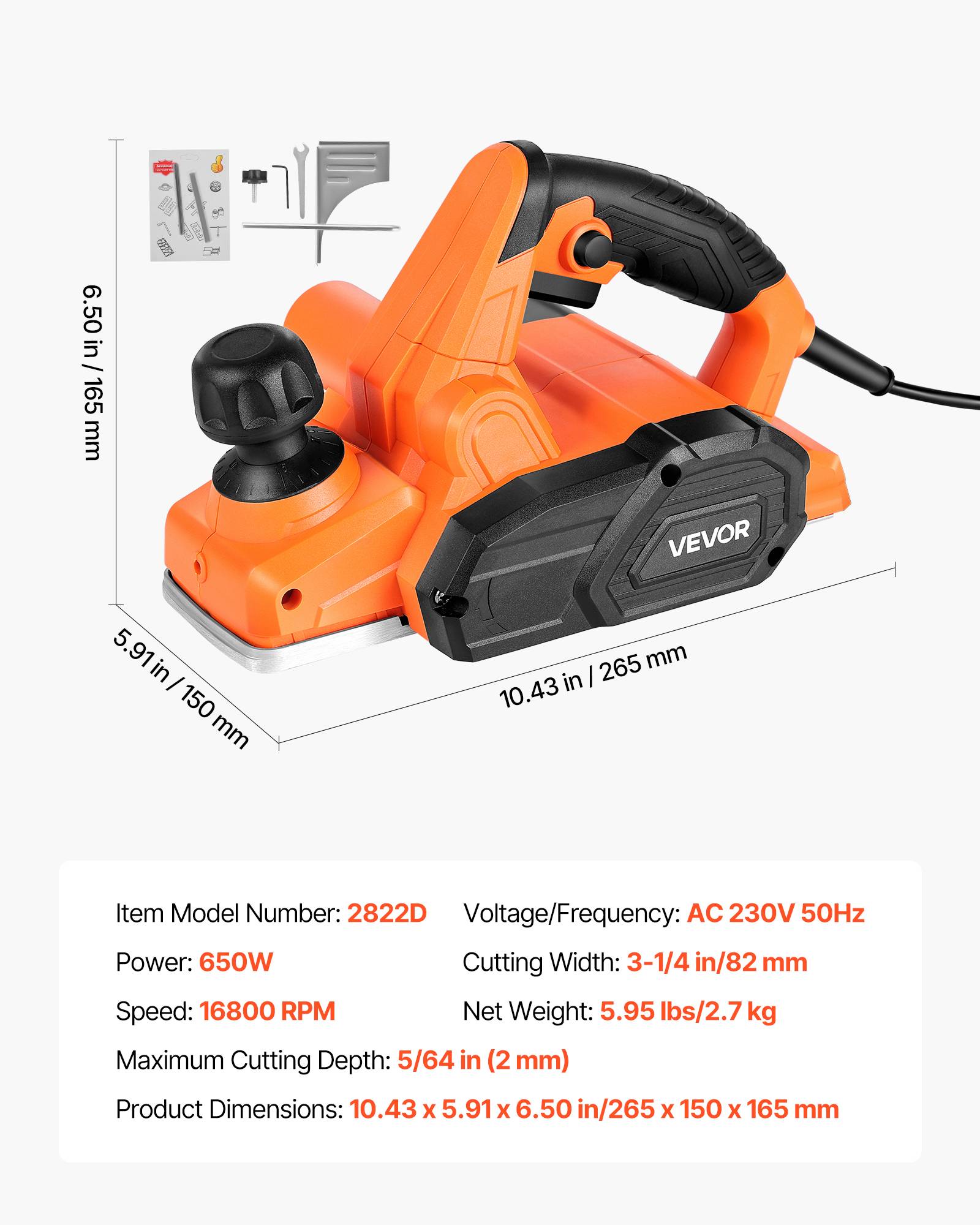 VEVOR Rabot Électrique Filaire Raboteuse à Bois à Main 82 mm 650 W 16800 tr/min - Image 7