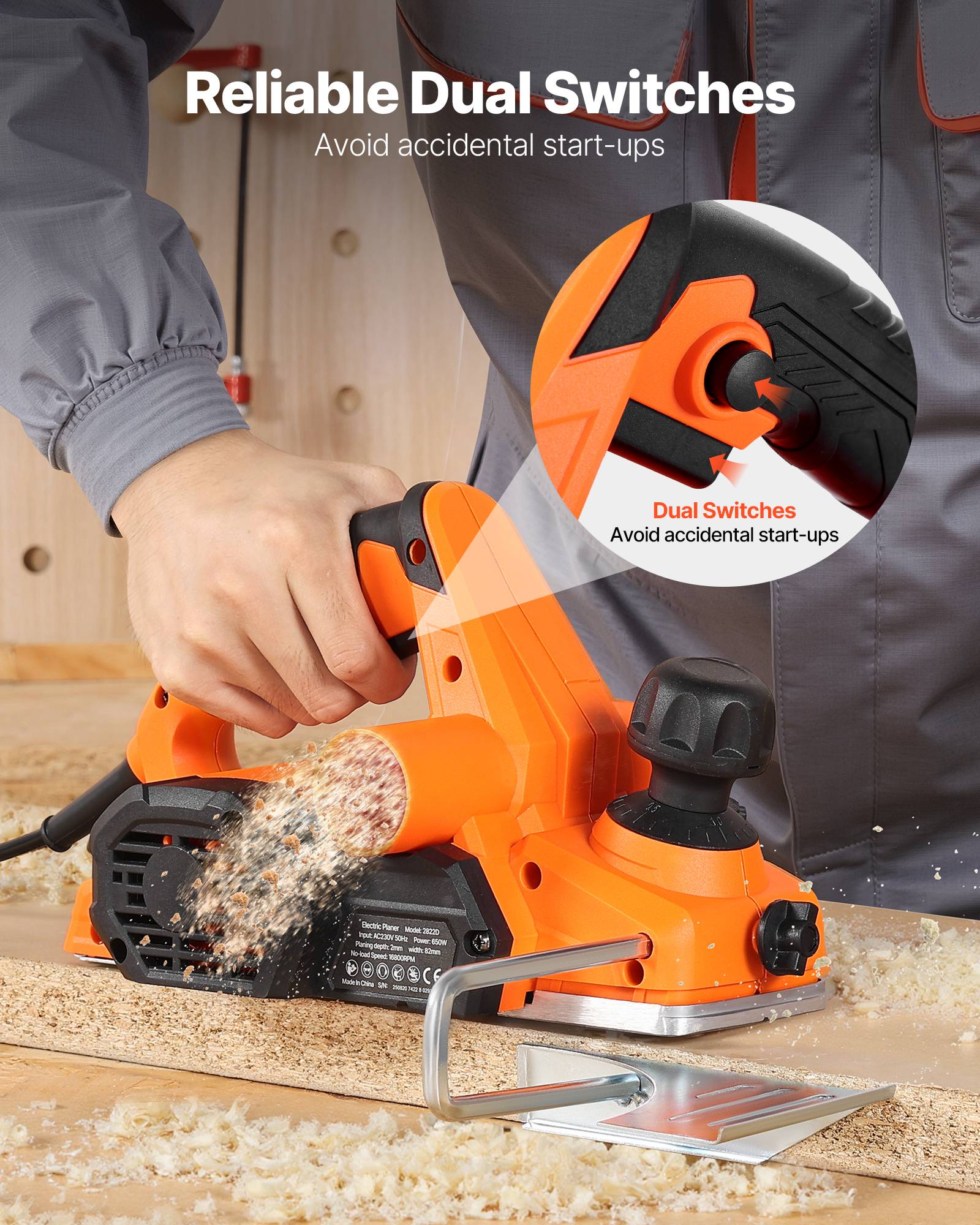 VEVOR Rabot Électrique Filaire Raboteuse à Bois à Main 82 mm 650 W 16800 tr/min - Image 5