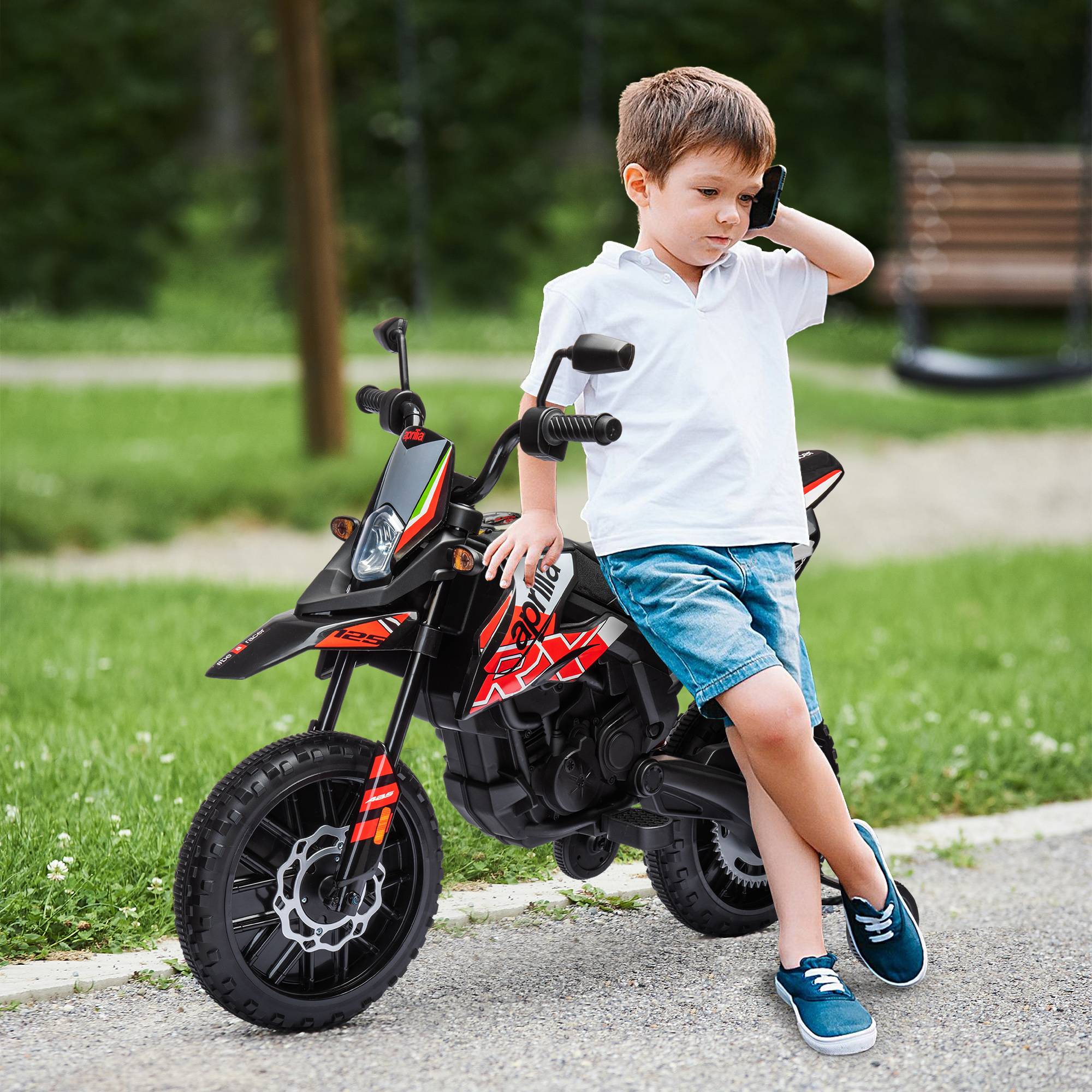 Moto électrique enfants sous licence Aprilia avec 2 moteurs 12V, roues d'entraînement, lumière LED, musique - rouge - Image 3