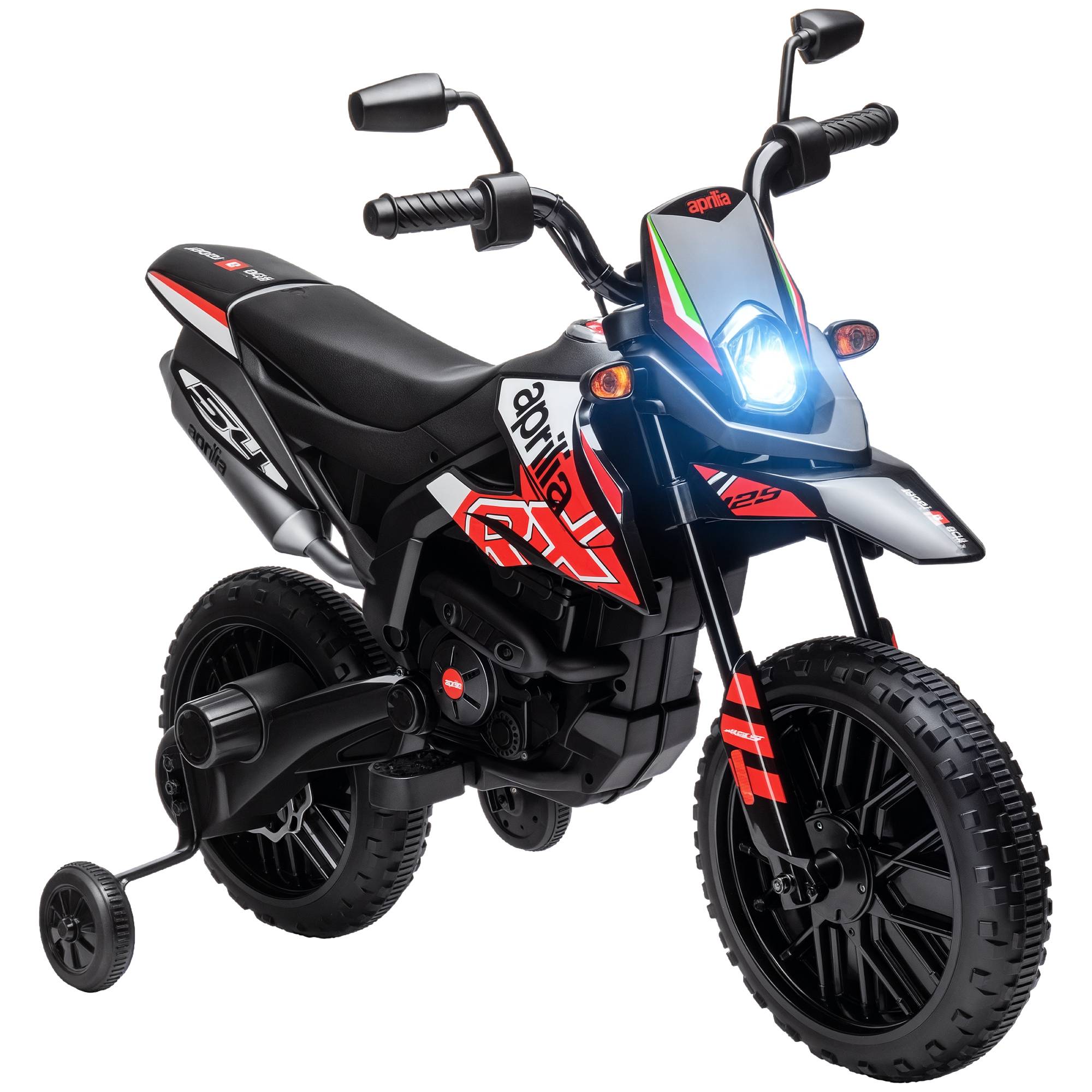 Moto électrique enfants sous licence Aprilia avec 2 moteurs 12V, roues d'entraînement, lumière LED, musique - rouge - Image 1