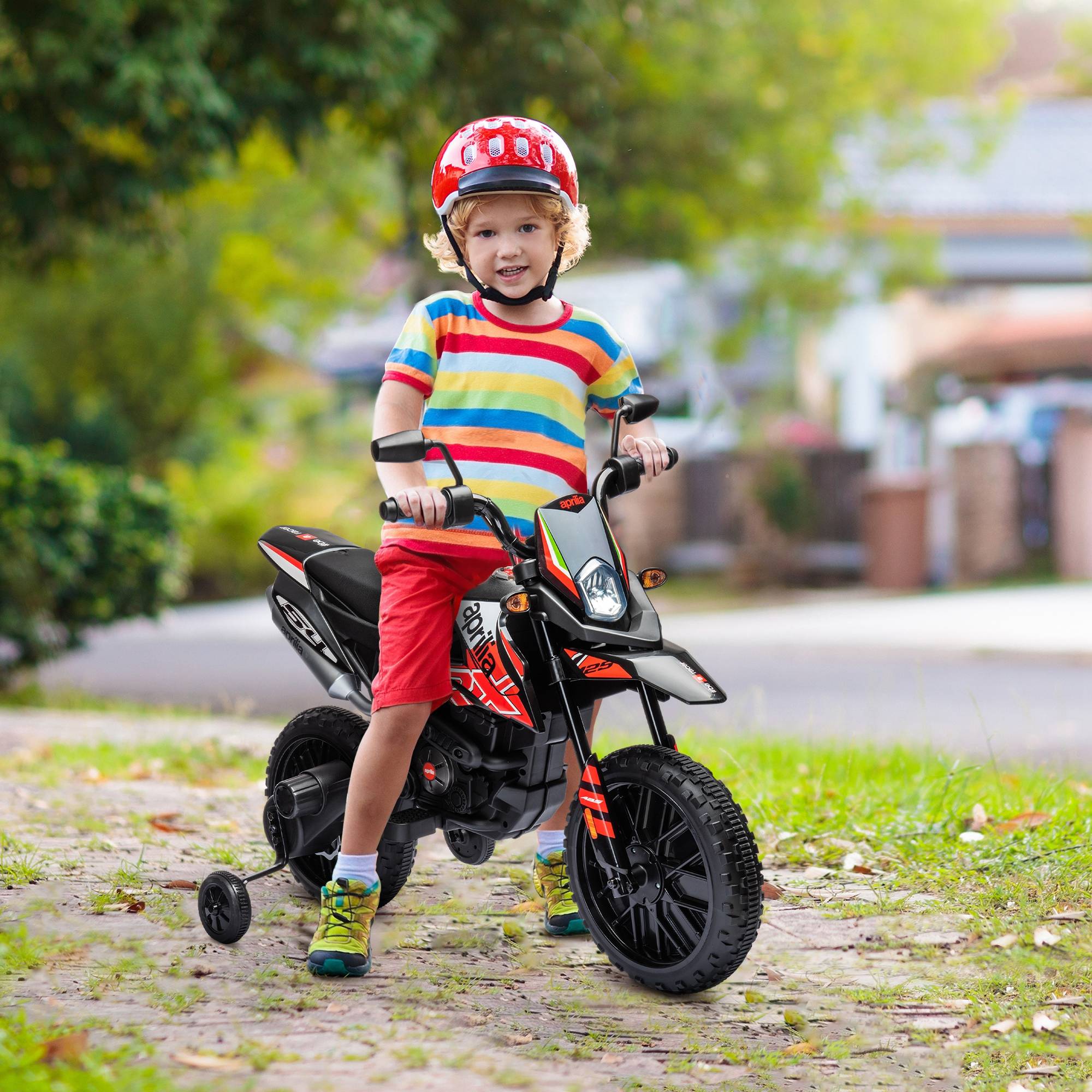 Moto électrique enfants sous licence Aprilia avec 2 moteurs 12V, roues d'entraînement, lumière LED, musique - rouge - Image 4
