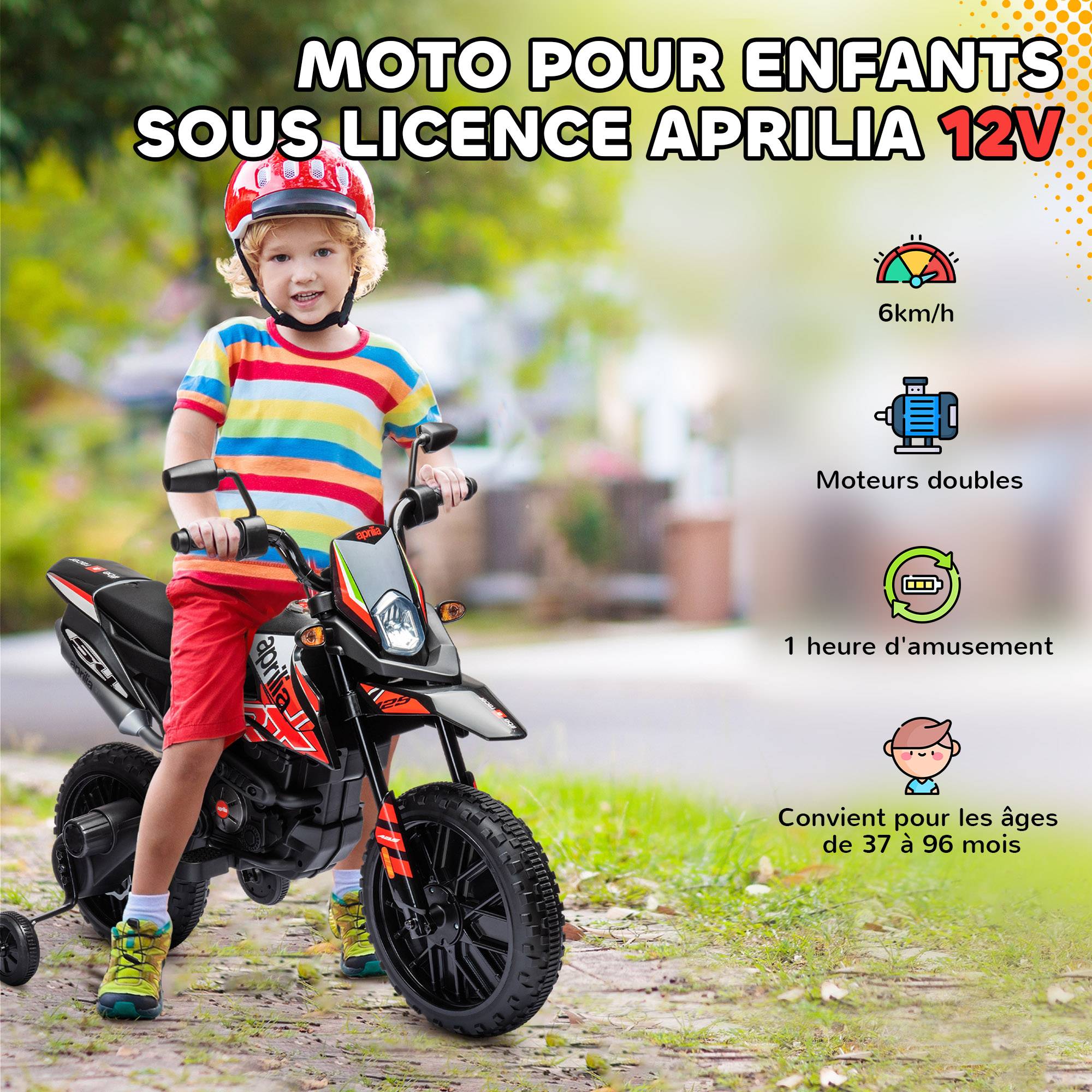 Moto électrique enfants sous licence Aprilia avec 2 moteurs 12V, roues d'entraînement, lumière LED, musique - rouge - Image 6