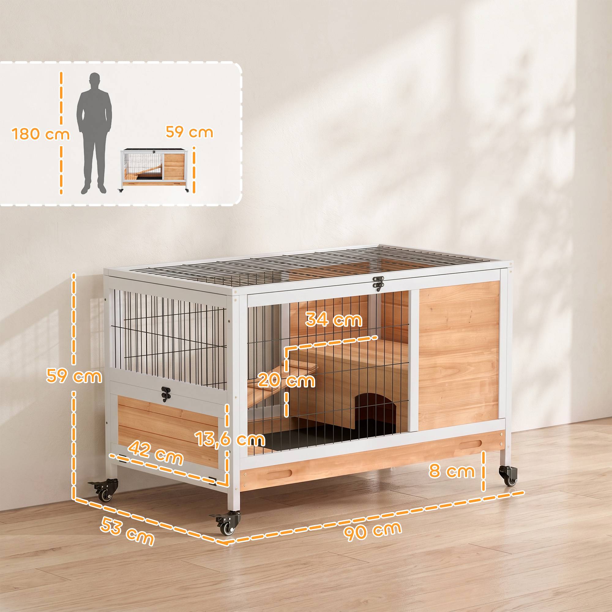 Clapier lapin intérieur clapier pour cochon d'inde en bois avec toit ouvrant et roulettes 90 x 53 x 59 cm jaune et blanc - Image 5