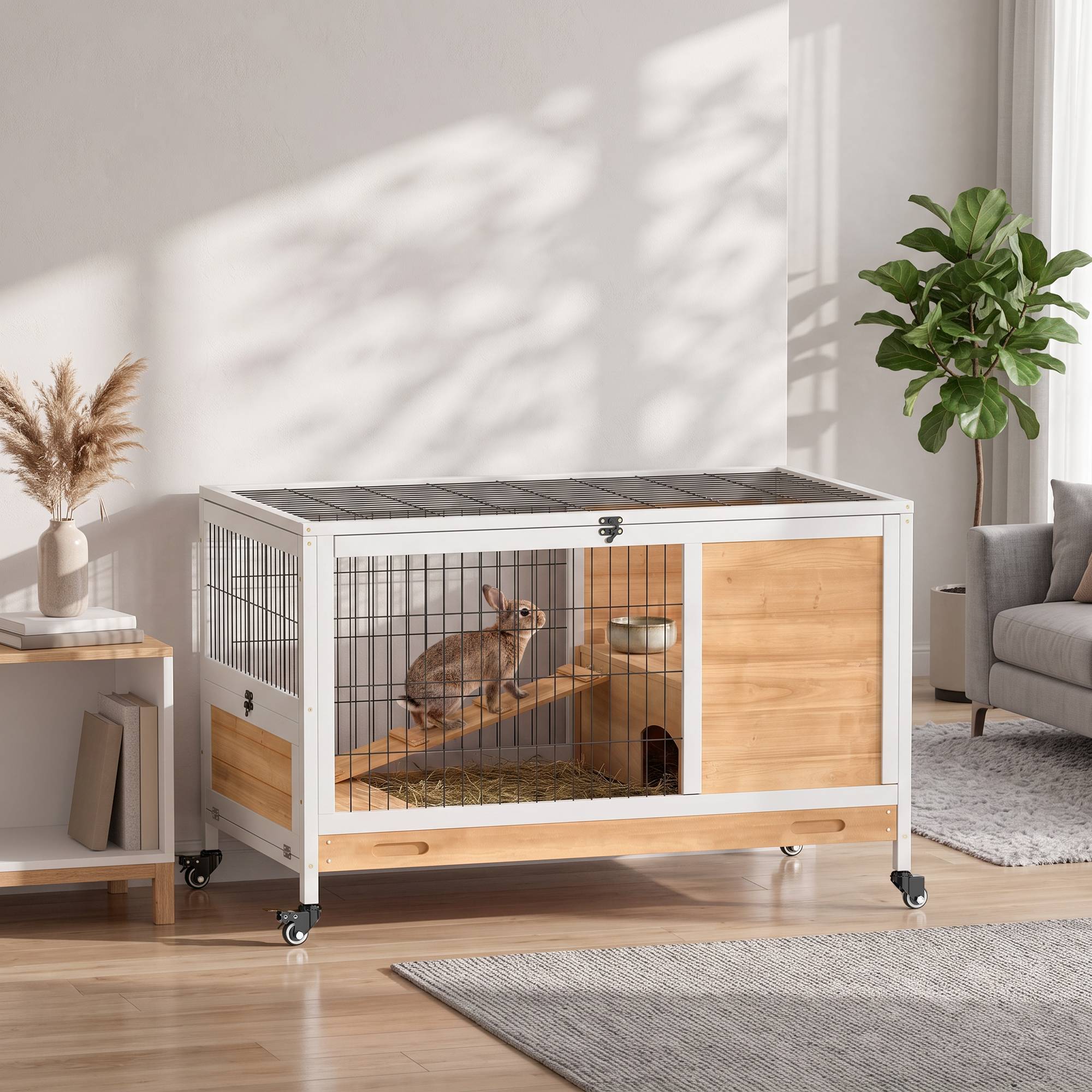 Clapier lapin intérieur clapier pour cochon d'inde en bois avec toit ouvrant et roulettes 90 x 53 x 59 cm jaune et blanc - Image 4