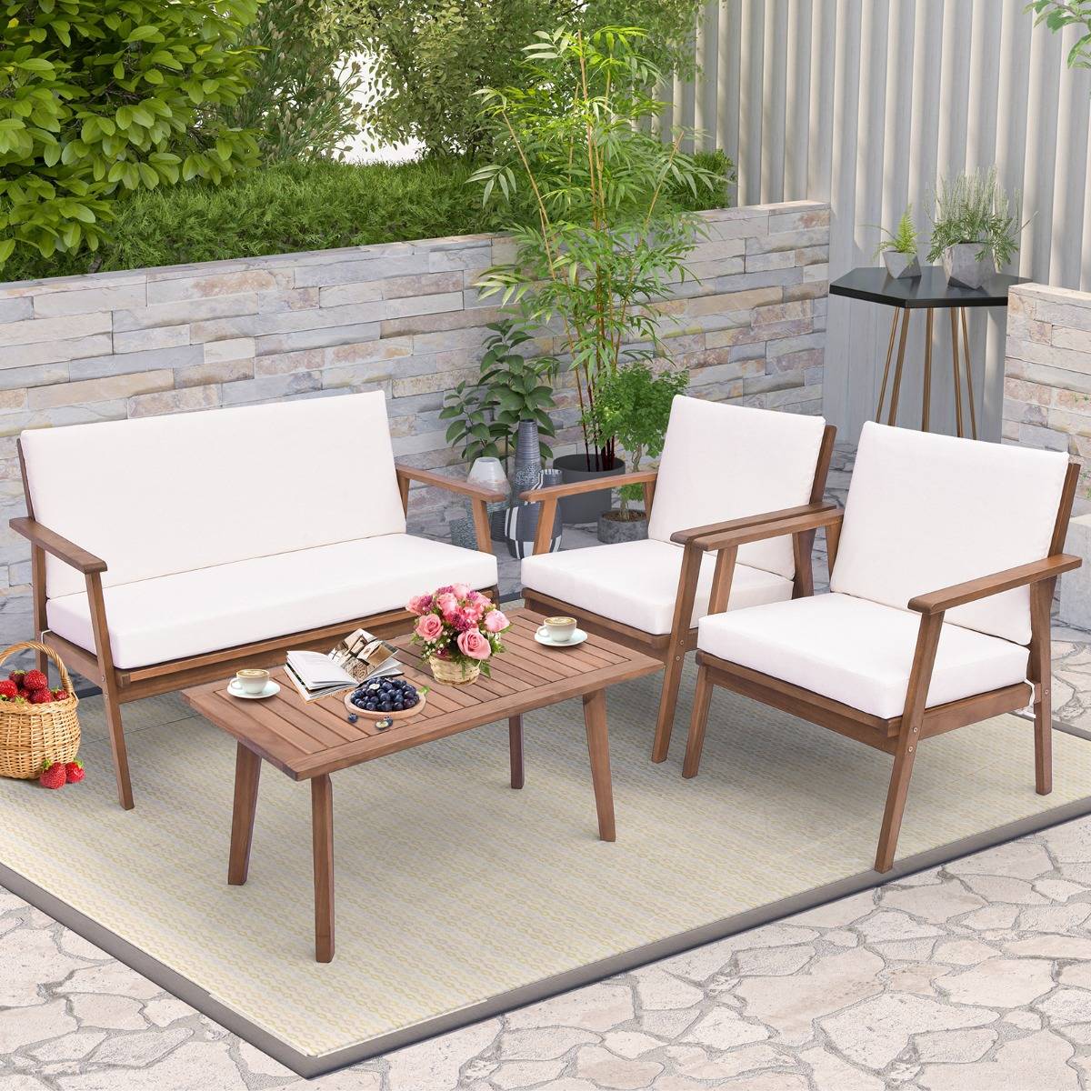 Ensemble de Meubles d'Extérieur 4 Pièces Bois d'Acacia Salon de Jardin avec Table Basse Rectangulaire Coussins Blanc MAISON CHIC - Image 5