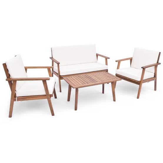 Ensemble de Meubles d'Extérieur 4 Pièces Bois d'Acacia Salon de Jardin avec Table Basse Rectangulaire Coussins Blanc MAISON CHIC - Image 1