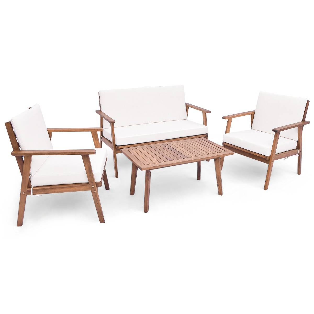 Ensemble de Meubles d'Extérieur 4 Pièces Bois d'Acacia Salon de Jardin avec Table Basse Rectangulaire Coussins Blanc MAISON CHIC