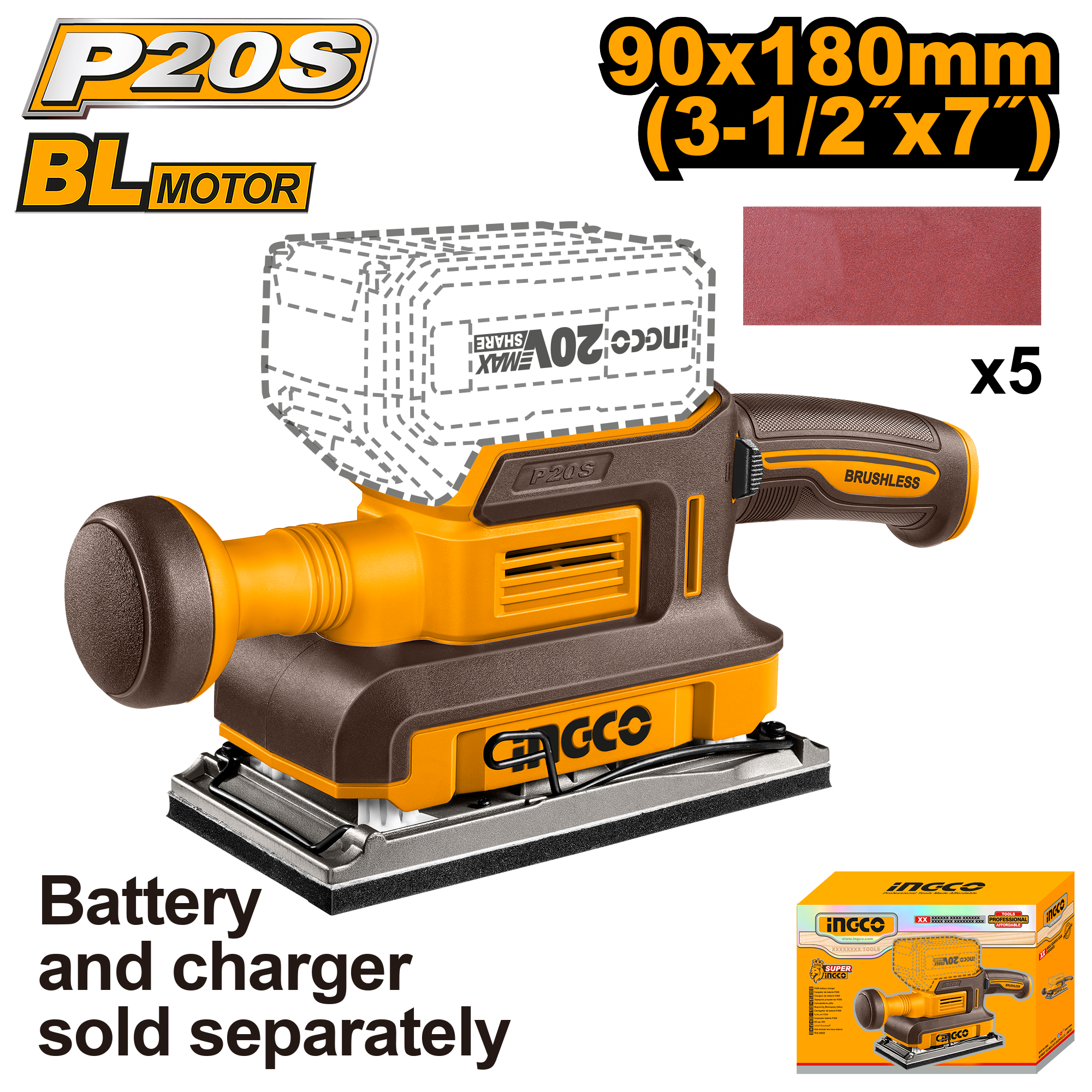 0 - Ponceuse sans fil 90 x 180 mm P20S 20V + 5 abrasifs INGCO - Image 1