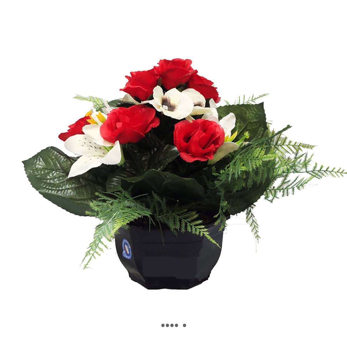 Artificielles - Composition fleurs artificielles pour cimetière vasque roses, lys et pensées H 28 cm D 32 cm Rouge - couleur: Rouge 755 - Image 1