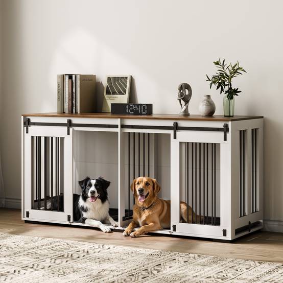 VEVOR Cage chien meuble bois, 1800x600x861 mm. Porte coulissante, plateau amovible. Marron/blanc. - Image 8