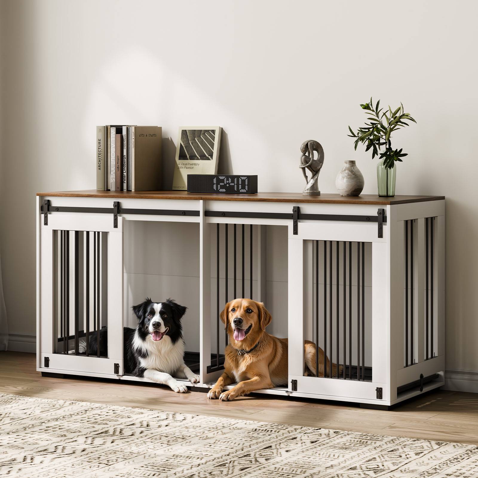 VEVOR Cage chien meuble bois, 1800x600x861 mm. Porte coulissante, plateau amovible. Marron/blanc. - Image 8