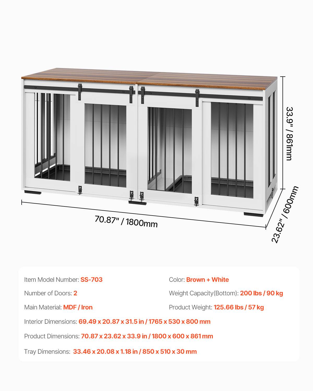 VEVOR Cage chien meuble bois, 1800x600x861 mm. Porte coulissante, plateau amovible. Marron/blanc. - Image 7