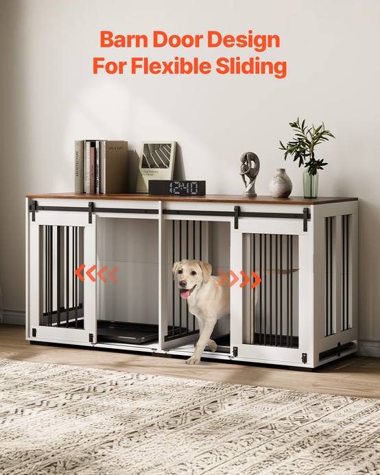 VEVOR Cage chien meuble bois, 1800x600x861 mm. Porte coulissante, plateau amovible. Marron/blanc. - Image 3