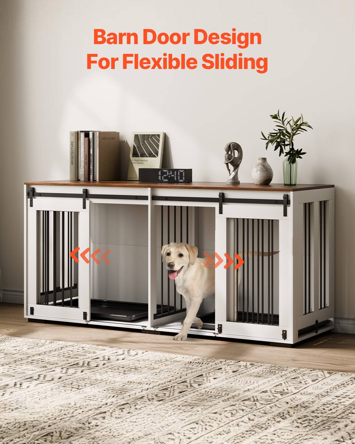 VEVOR Cage chien meuble bois, 1800x600x861 mm. Porte coulissante, plateau amovible. Marron/blanc. - Image 3