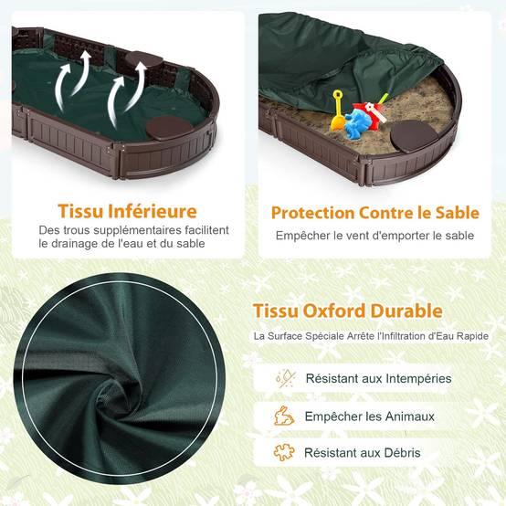 COSTWAY Bac à Sable Enfant Ovale 183x105x21 cm en Plastique avec Housse de Protection Etanche Bâche Intégrée Sièges Doublure Marron - Image 1