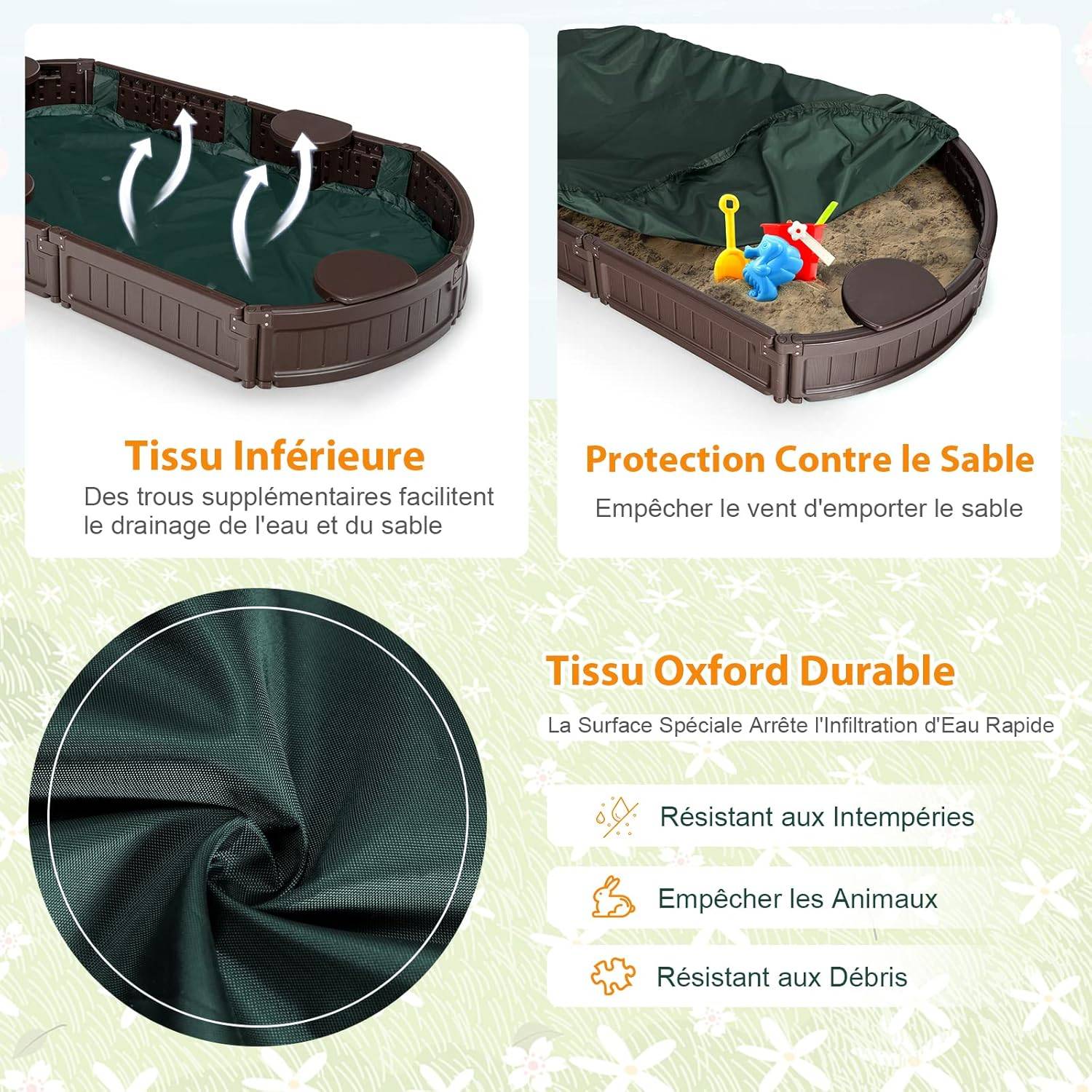 COSTWAY Bac à Sable Enfant Ovale 183x105x21 cm en Plastique avec Housse de Protection Etanche Bâche Intégrée Sièges Doublure Marron - Image 1