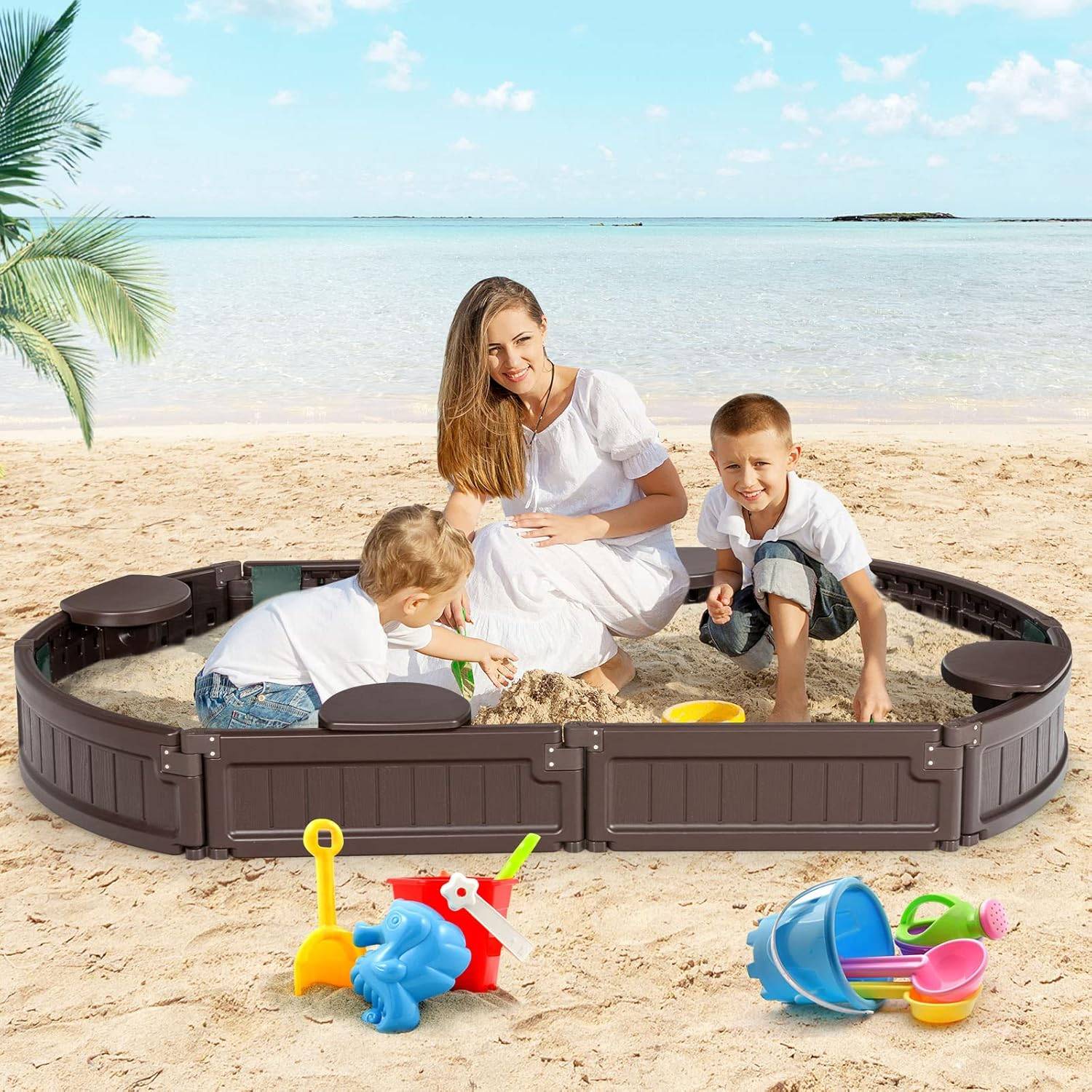 COSTWAY Bac à Sable Enfant Ovale 183x105x21 cm en Plastique avec Housse de Protection Etanche Bâche Intégrée Sièges Doublure Marron - Image 6