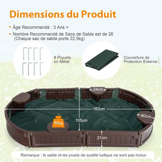 COSTWAY Bac à Sable Enfant Ovale 183x105x21 cm en Plastique avec Housse de Protection Etanche Bâche Intégrée Sièges Doublure Marron - Image 4