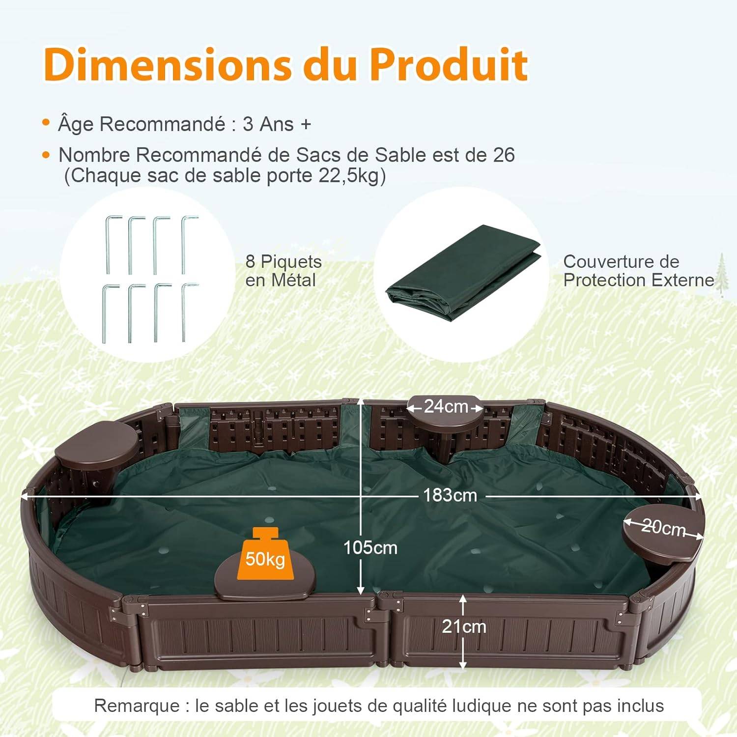 COSTWAY Bac à Sable Enfant Ovale 183x105x21 cm en Plastique avec Housse de Protection Etanche Bâche Intégrée Sièges Doublure Marron - Image 4