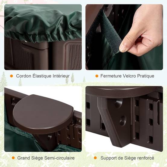 COSTWAY Bac à Sable Enfant Ovale 183x105x21 cm en Plastique avec Housse de Protection Etanche Bâche Intégrée Sièges Doublure Marron - Image 3