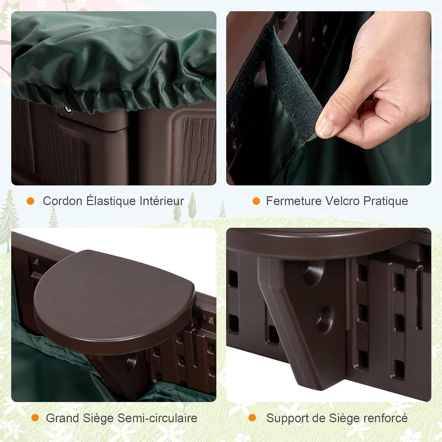 COSTWAY Bac à Sable Enfant Ovale 183x105x21 cm en Plastique avec Housse de Protection Etanche Bâche Intégrée Sièges Doublure Marron - Image 3