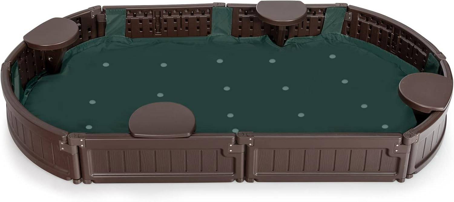 COSTWAY Bac à Sable Enfant Ovale 183x105x21 cm en Plastique avec Housse de Protection Etanche Bâche Intégrée Sièges Doublure Marron - Image 7