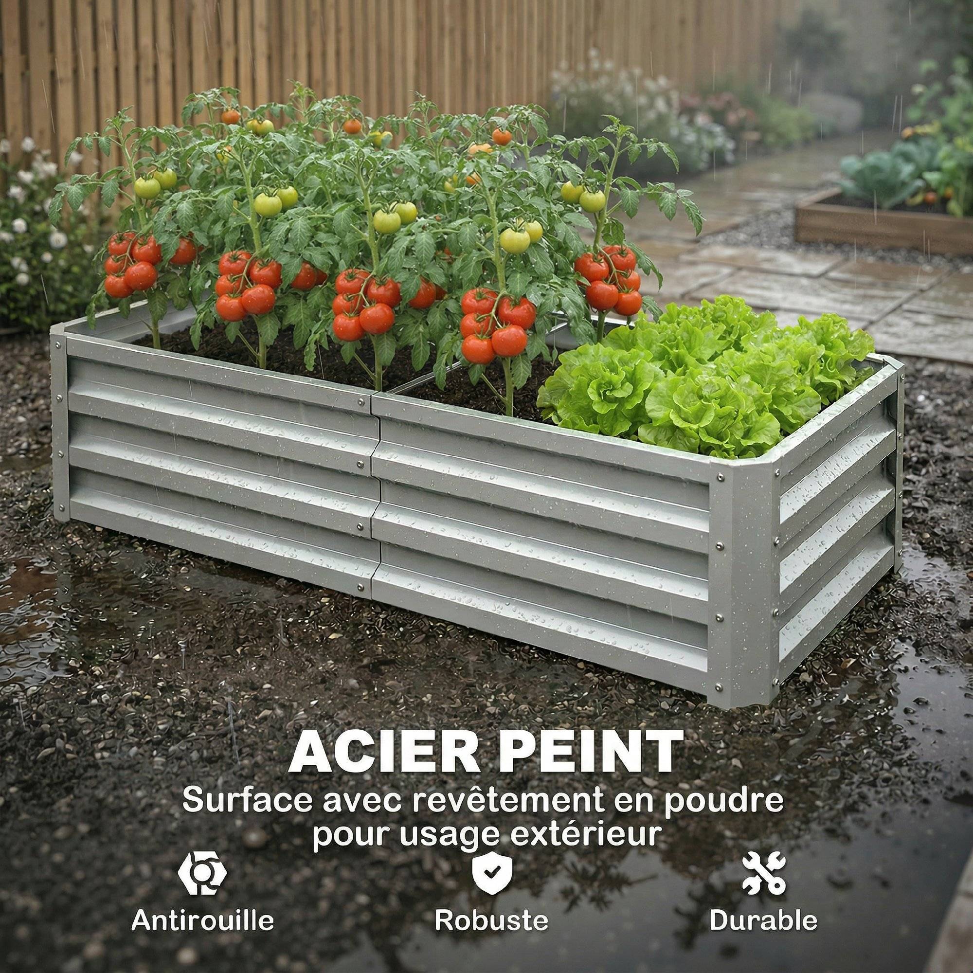 Carré potager de jardin rectangulaire tôle d'acier ondulée 120 x 60 x 30,5 cm argent - Image 6