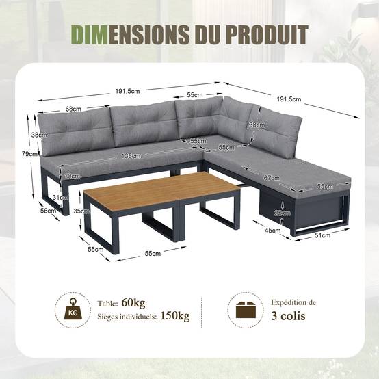 Salon de Jardin avec Canapé Modulaire et Table Basse pour terrasse Polyester Gris - Image 5