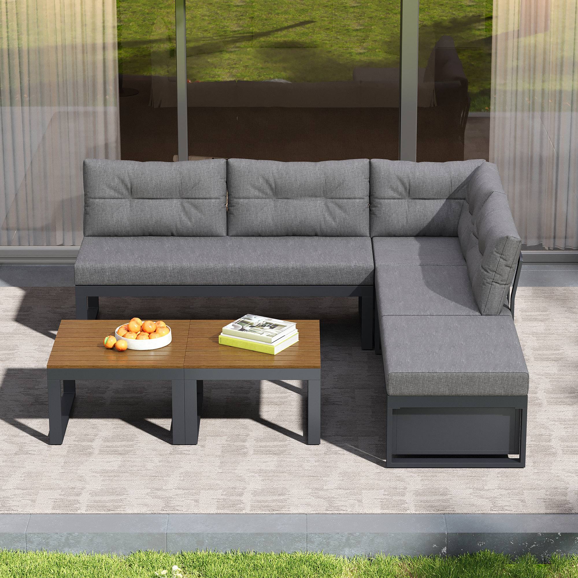 Salon de Jardin avec Canapé Modulaire et Table Basse pour terrasse Polyester Gris - Image 4