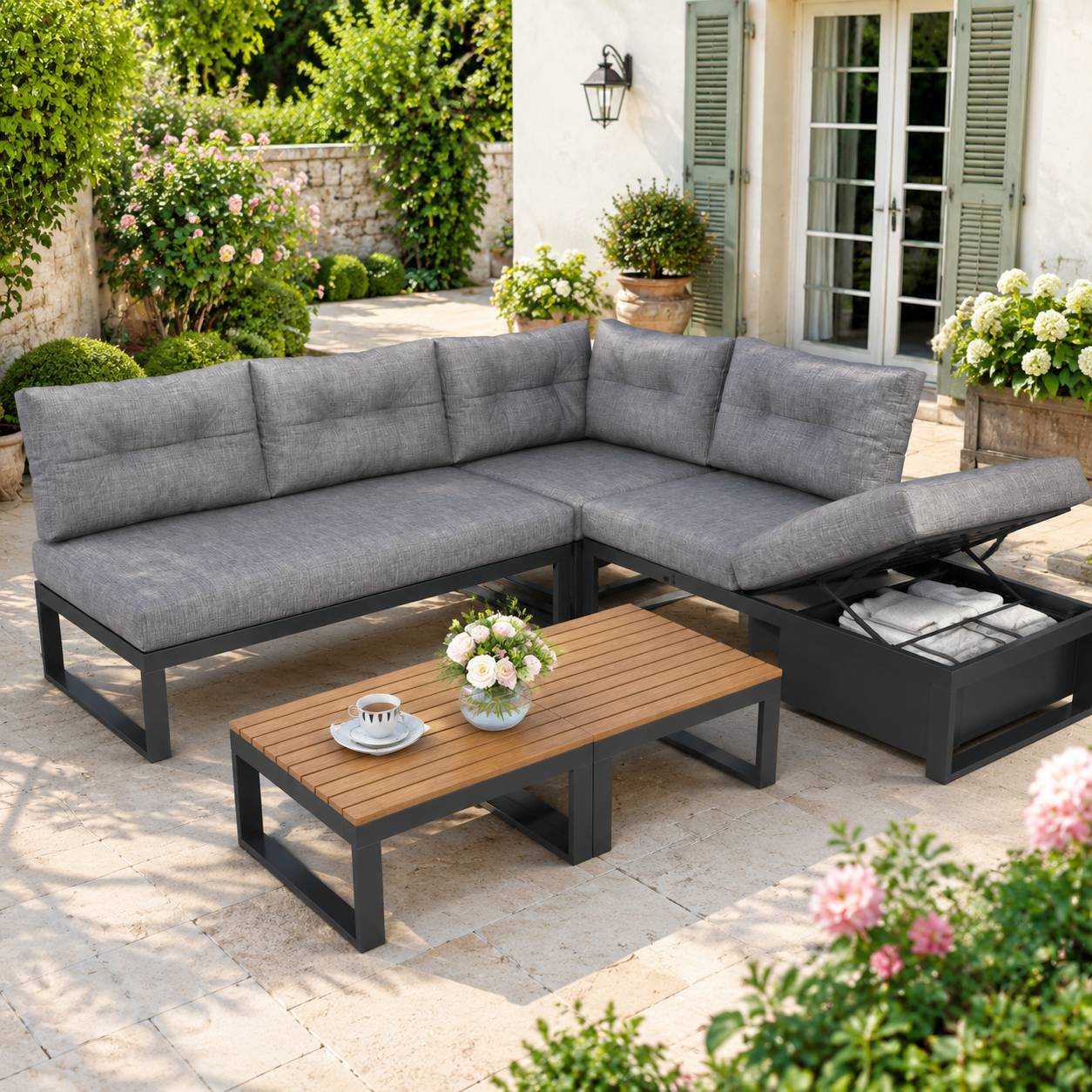 Salon de Jardin avec Canapé Modulaire et Table Basse pour terrasse Polyester Gris - Image 3