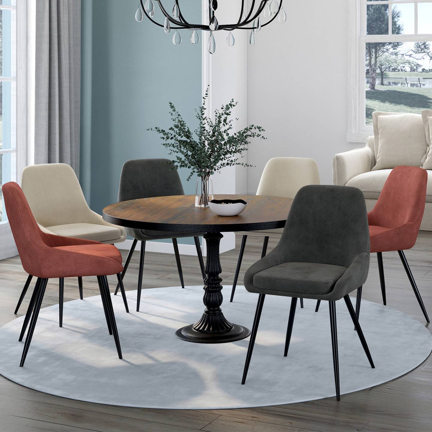 Lot de 6 chaises THALYA en velours mix color gris foncé x2, terracotta x2, beige x2 avec accoudoirs - Image 1