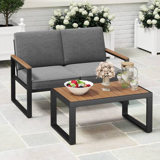 Salon de Jardin 2 Pièces avec Table Basse Causeuse Ensemble de Meubles d'Extérieur en Aluminium avec Accoudoirs Gris MAISON CHIC - Image 4
