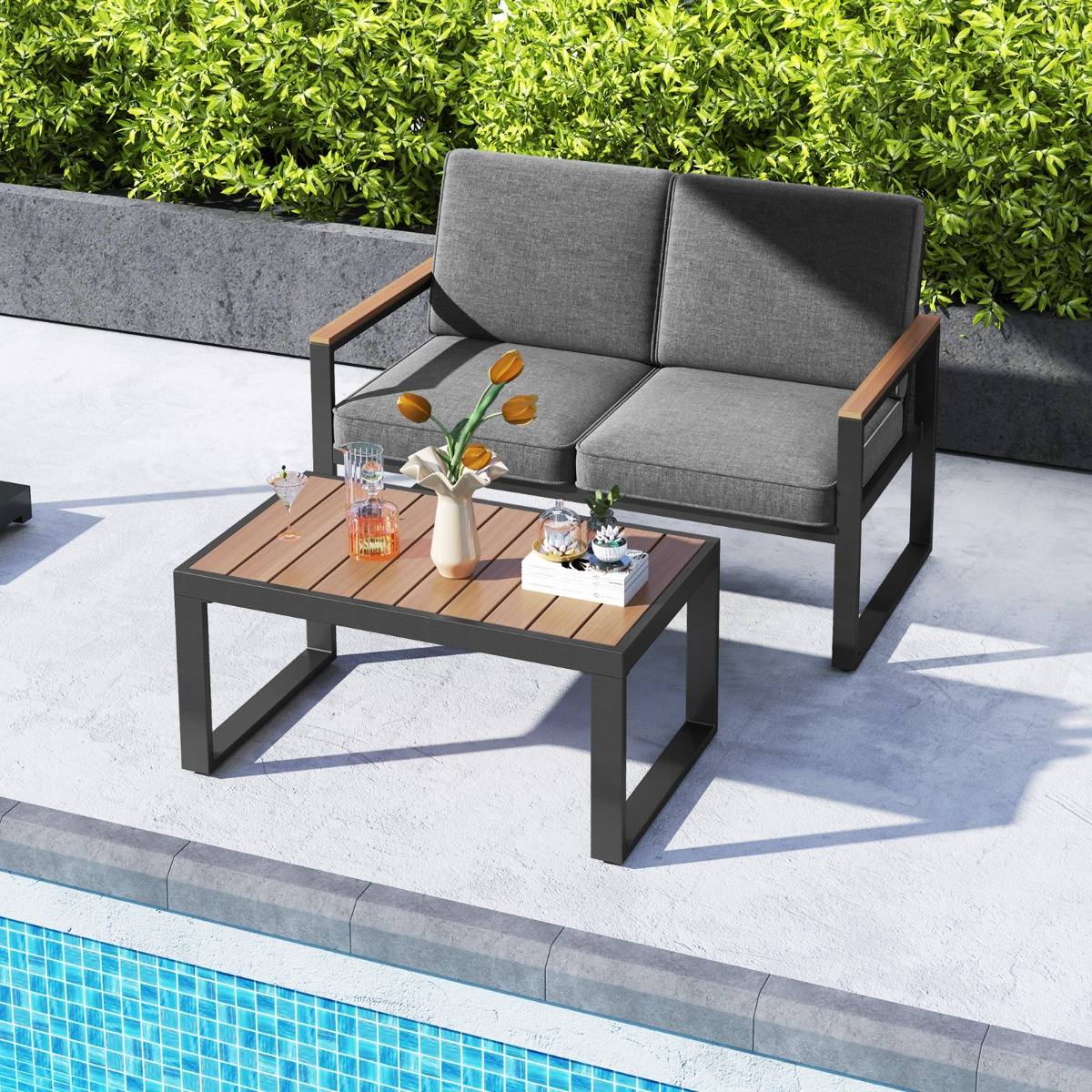 Salon de Jardin 2 Pièces avec Table Basse Causeuse Ensemble de Meubles d'Extérieur en Aluminium avec Accoudoirs Gris MAISON CHIC - Image 3