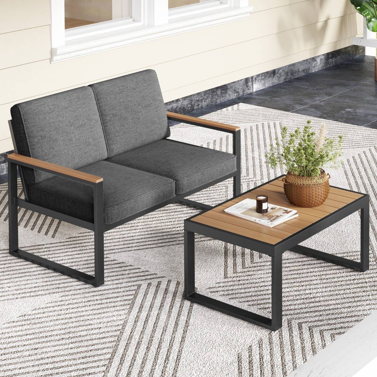 Salon de Jardin 2 Pièces avec Table Basse Causeuse Ensemble de Meubles d'Extérieur en Aluminium avec Accoudoirs Gris MAISON CHIC - Image 2