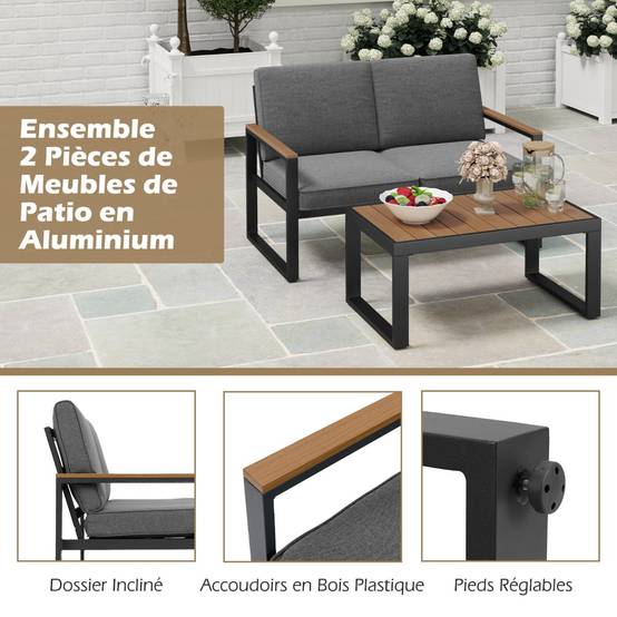 Salon de Jardin 2 Pièces avec Table Basse Causeuse Ensemble de Meubles d'Extérieur en Aluminium avec Accoudoirs Gris MAISON CHIC - Image 5